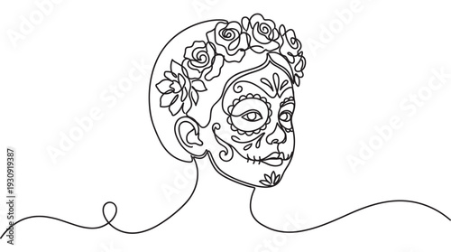 Sugar skull woman's face adorned with a beautiful floral crown, depicted in a minimalist continuous line art style for cultural celebration.