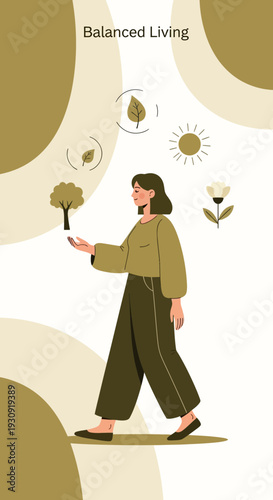Woman Embodies Serene Balance, Harmonizing Nature's Elements, Achieving Inner Peace And Wellness