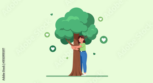 Woman Embraces Tree Expressing Love For Nature And Promoting Eco-Friendliness