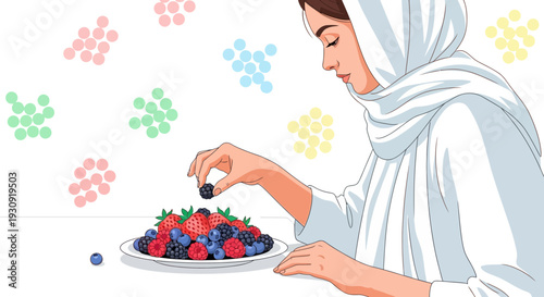 Woman Enjoying Delicious Berries and Fruits in a Modern Artistic Illustration