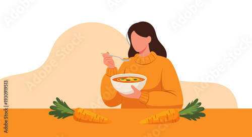 Woman Enjoying Delicious Carrot Soup Illustration in a Warm and Cozy Ambiance