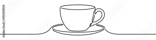 Continuous line drawing of a coffee cup and saucer creates a minimalist and elegant design perfect for various uses.