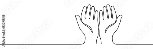 Two cupped hands continuous line drawing illustration symbolizing prayer, charity, giving, or receiving with open palms.