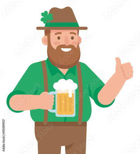 Happy bearded man in traditional Irish attire with a shamrock hat holding a frothy beer mug and giving a cheerful thumbs-up gesture.