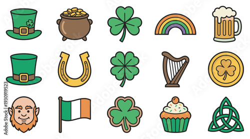 St. Patrick's Day symbols and Irish cultural icons are presented in a vibrant collection of colorful vector illustrations perfect for festive designs.