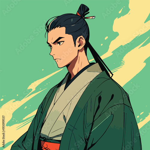 Flat vector illustration of a Japanese man wearing traditional Japanese clothes in Japanese anime style