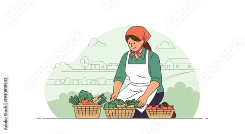 Woman Gardener Arranging Freshly Harvested Organic Vegetables in Baskets for the Market