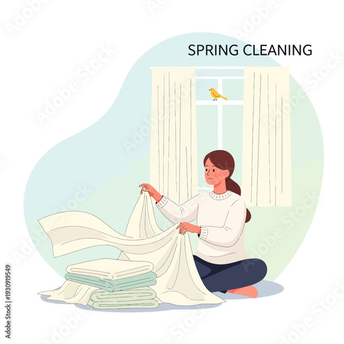 Woman Folding Laundry During Spring Cleaning Season With Bird Outside Window
