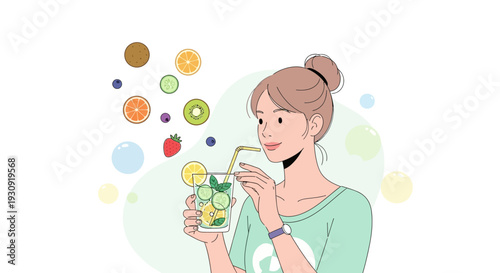 Woman Enjoying Fresh Fruit Infused Water, Illustration in Pastel and Vibrant Colors