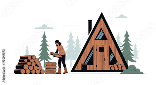 Woman Gathering Firewood For Rustic Cabin In Snowy Forest