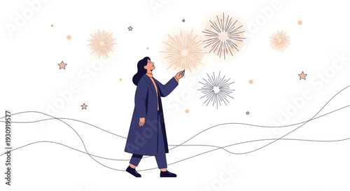 Woman Gazing At Bursting Fireworks Celebrating A Festive And Joyful Celebration