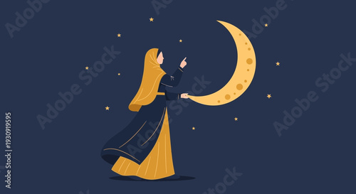Woman Gazing At Crescent Moon In Starry Night Sky