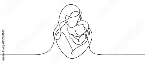 Mother and baby embrace in a beautiful minimalist continuous line art illustration symbolizing love and family connection.