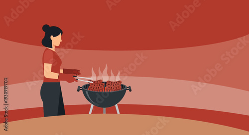 Woman Grilling Delicious Food On Barbecue Summer Outdoor Activity