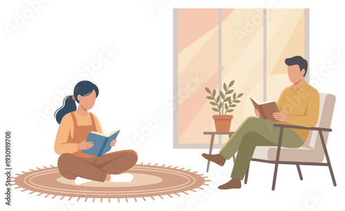 Man and woman reading books together, enjoying a peaceful and relaxing leisure time at home in a comfortable room.