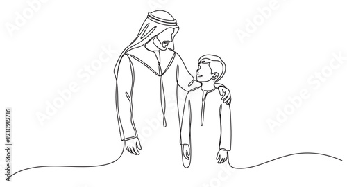 Adult man and young boy from the Middle East share a tender moment, symbolizing family connection, guidance, and cultural heritage.