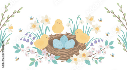 Cute yellow chicks and a bird's nest with speckled eggs surrounded by spring flowers, pussy willow branches, and buzzing bees.