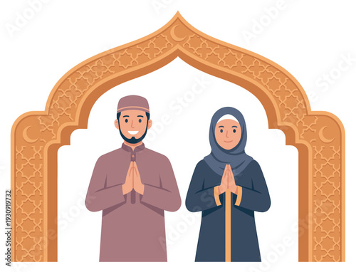 Muslim man and woman happily greeting under an ornate Islamic archway with traditional patterns and crescent moons.