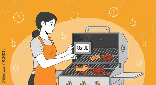 Woman Grilling Food Carefully Using Timer For Perfect Meal Preparation