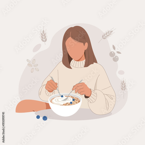 Woman Enjoying Wholesome Breakfast Cereal Bowl With Berries And Yogurt In Minimalist Style