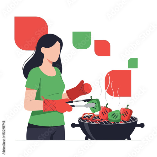Woman Grilling Fresh Bell Peppers On A Summer Barbecue A Healthy Outdoor Cooking Experience