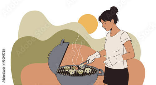 Woman Grilling Mushrooms Outdoors With A Sunset Background Minimalist Style