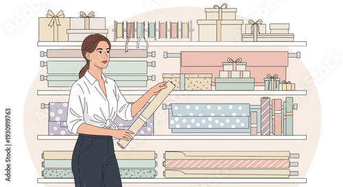 Woman Evaluating Gift Wrap And Textiles In A Organized Shop Display