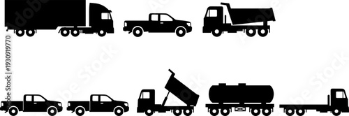 Black silhouette collection of industrial transport vehicles featuring heavy semi trucks pickup trucks dump trucks and fuel tankers for construction logistics and freight shipping isolated
