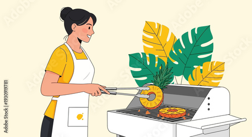 Woman Grilling Pineapple Slices During Summer Outdoors Gathering Festive