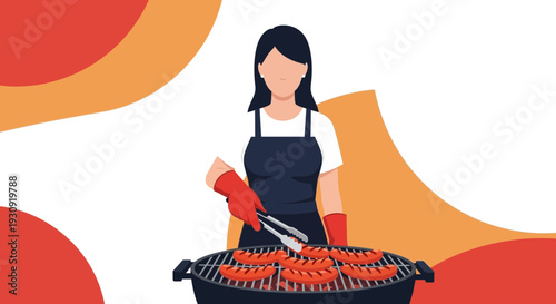Woman Grilling Sausages Outdoors And Enjoying A Summer Barbecue