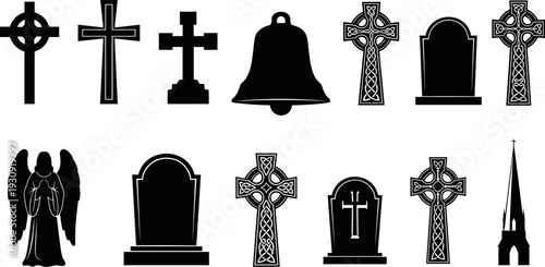 Set of cemetery silhouettes featuring celtic crosses tombstones church bell angel and spire for memorial or funeral service flat vector illustration