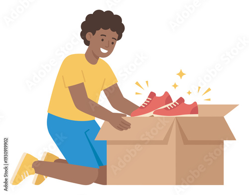 Smiling young man unboxes new red sneakers from a delivery box, feeling happy about his exciting online purchase.