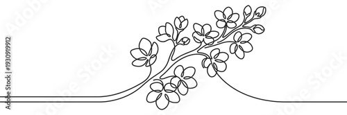 Continuous line art drawing flowering branch with elegant blossoms and buds symbolizing spring growth and natural beauty.