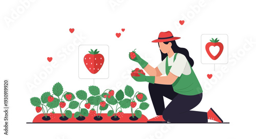 Woman Harvesting Fresh Strawberries From Hydroponic Garden With Heart Graphics