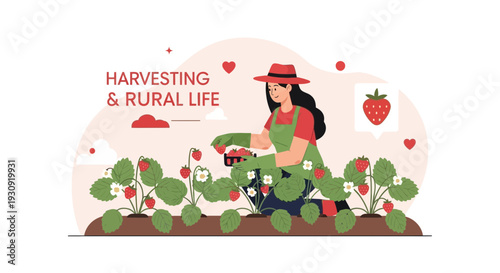 Woman Harvesting Strawberries In A Rural Farm Setting