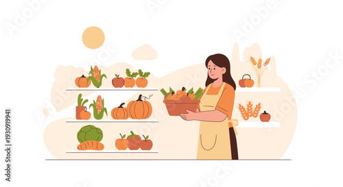 Woman Harvests Fresh Produce From Farm Stand Displaying Autumn Bounty