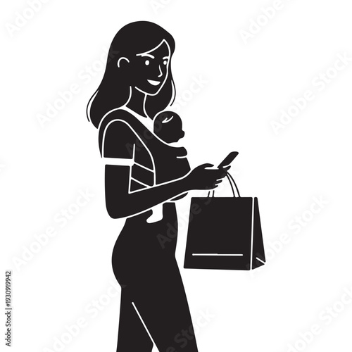 Mother holding baby and shopping bag silhouette icon, modern motherhood lifestyle concept, parenting and family care symbol, minimal black vector illustration isolated for maternity and retail design