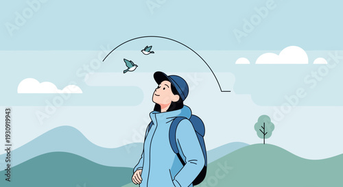 Woman Hiker Watching Birds Soaring, Celebrating Nature, and Experiencing Serene Moment