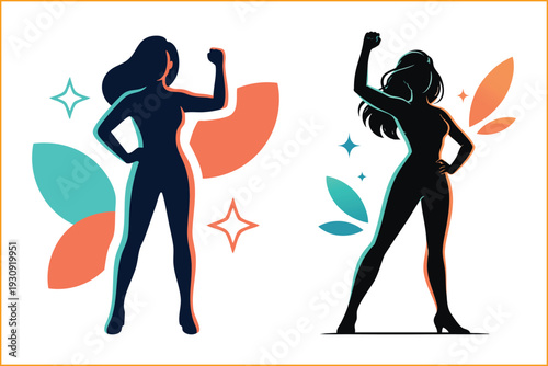 Strong Woman Posing in Silhouette with Abstract Leaves: Fitness and Empowerment Vector Concept.