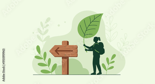 Woman Holding A Leaf Near A Wooden Sign Directing The Path To Nature