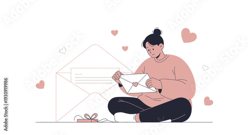 Woman Holding A Love Letter With Hearts Around, Valentine's Day Illustration