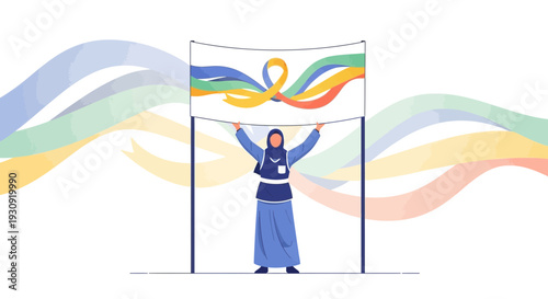 Woman Holding Banner With Awareness Ribbon And Colorful Wavy Background