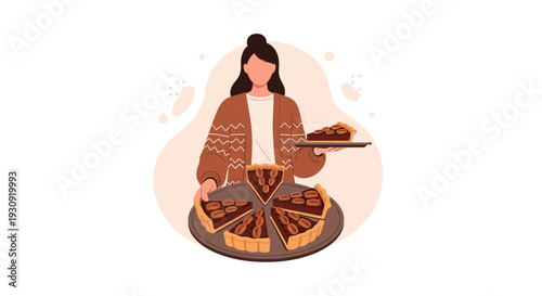 Woman Holding A Variety Of Coffee Pies For A Delicious Sweet Treat, Ideal Illustration