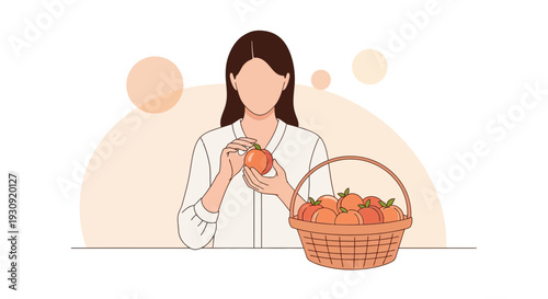 Woman Holding Ripe Peach Next To Basket Of Fruit
