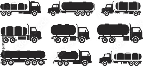 Black silhouette collection of industrial liquid transport tanker trucks and chemical delivery vehicles for petroleum logistics and oil distribution isolated on white background for designnt