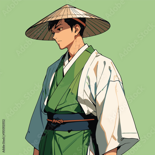 Flat vector illustration of a Japanese man wearing traditional Japanese clothes in Japanese anime style