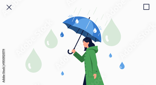 Woman Holding Umbrella In Rainy Weather With Falling Water Drops