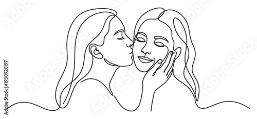 Two women showing affection in a minimalist line art style, celebrating love, connection, and tender intimacy.