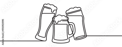 Three beer glasses with frothy foam drawn in a continuous line art style, symbolizing celebration and refreshment.