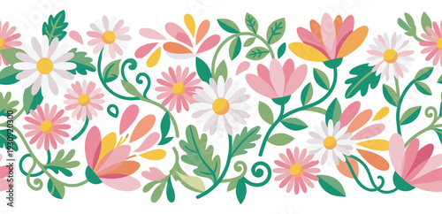 Floral border pattern with colorful spring flowers and leaves creating a cheerful decorative design element for various creative projects.